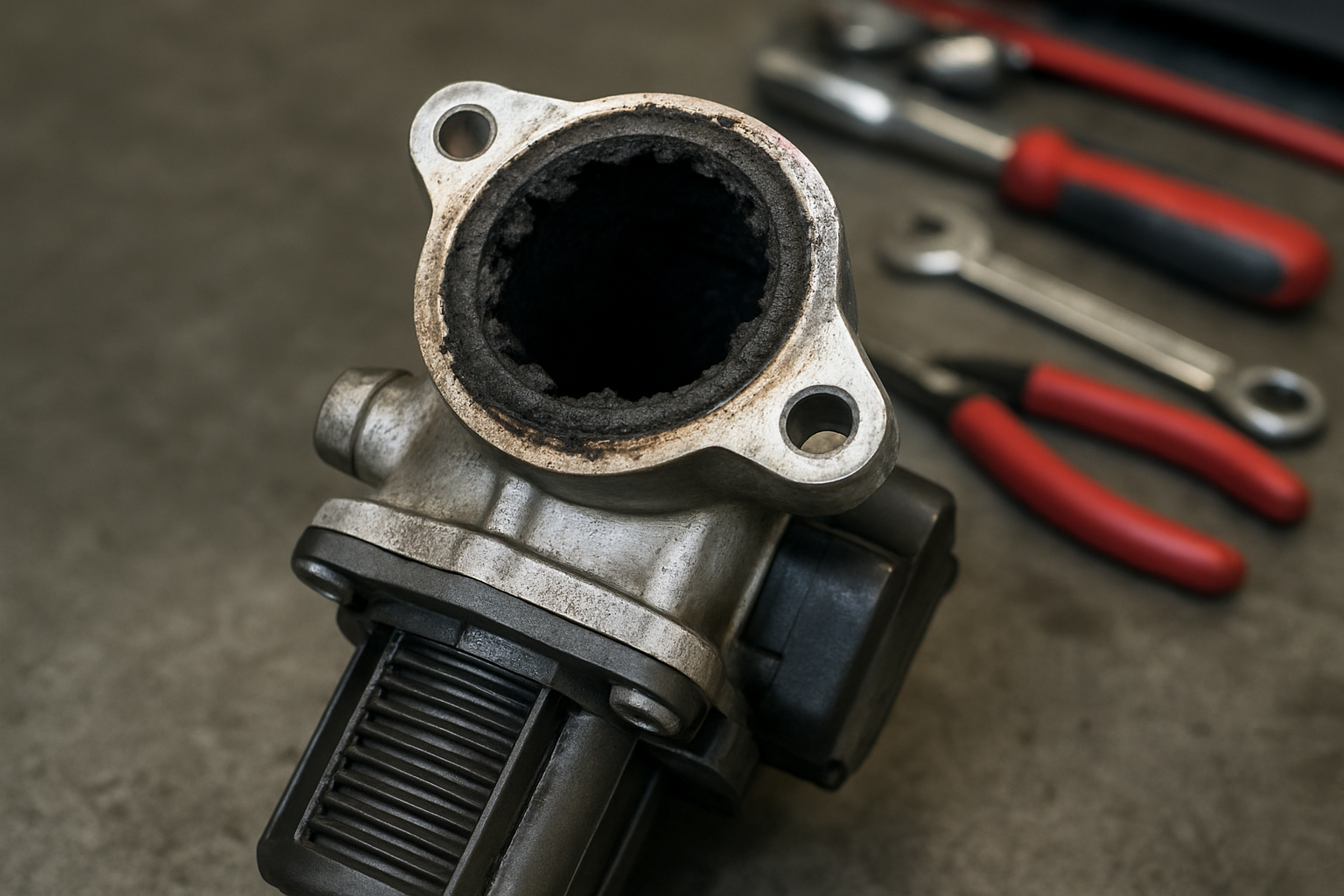 a clogged EGR valve from a Renault Clio IV 1.2 TCe engine covered in carbon deposits