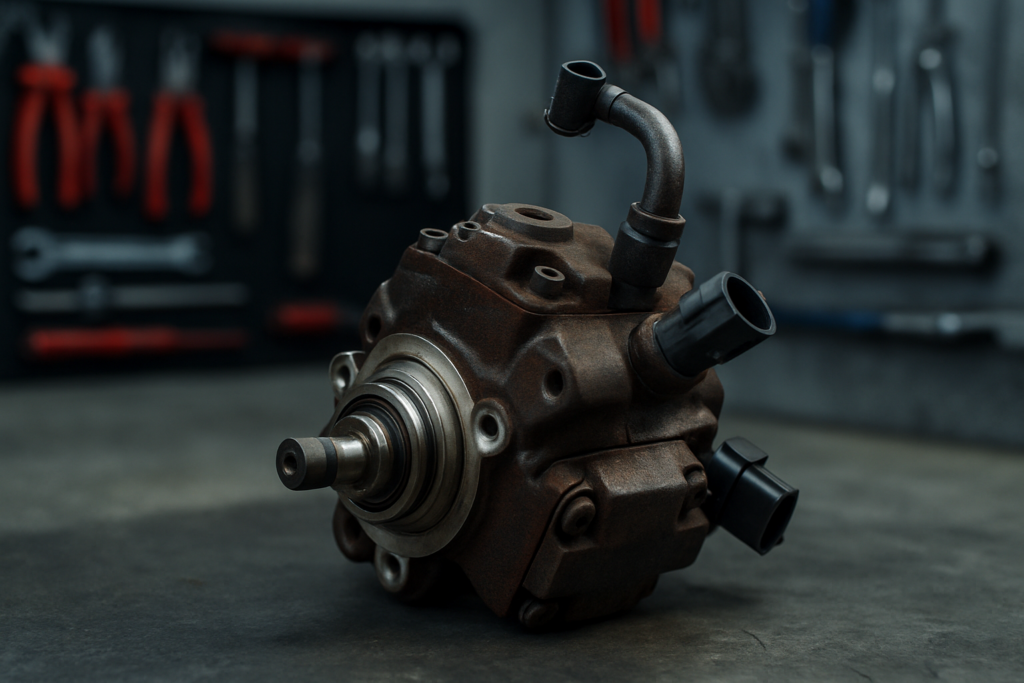 high-pressure fuel pump from a Citroën C3 1.6 HDi diesel engine removed and placed on a workbench