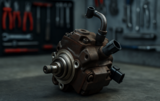 high-pressure fuel pump from a Citroën C3 1.6 HDi diesel engine removed and placed on a workbench