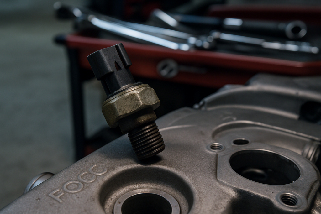 oil pressure sensor removed from a Ford Focus 1.6 TDCi engine block