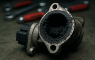 clogged EGR valve from a 1.6 HDi diesel engine covered in black soot deposits