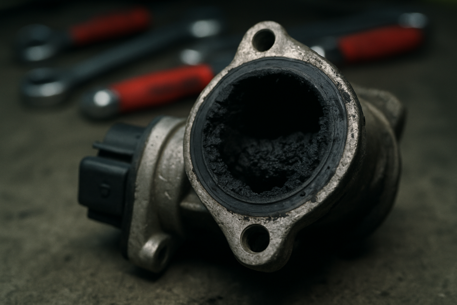clogged EGR valve from a 1.6 HDi diesel engine covered in black soot deposits