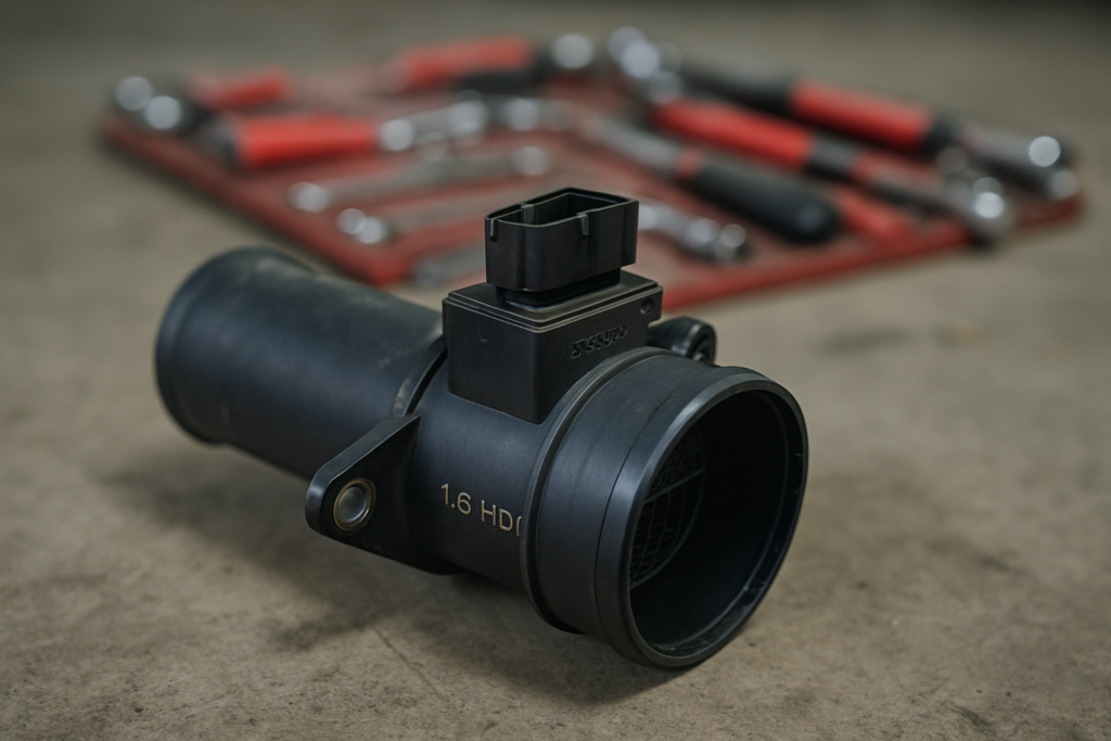 a MAF mass air flow sensor removed from a Peugeot 1.6 HDi intake pipe