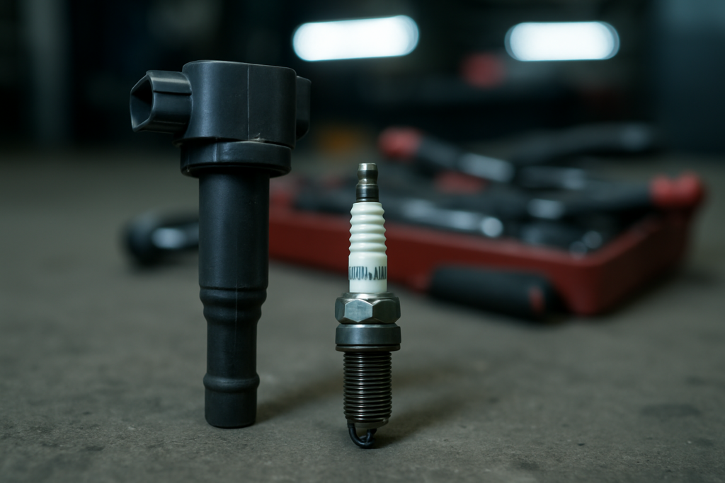ignition coil and spark plug removed from a Renault 1.2 TCe engine