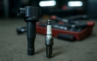 ignition coil and spark plug removed from a Renault 1.2 TCe engine