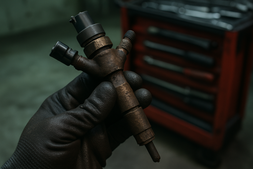 a dirty diesel injector from a Renault 1.5 dCi K9K engine held by a mechanic's gloved hand