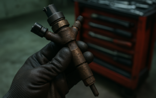 a dirty diesel injector from a Renault 1.5 dCi K9K engine held by a mechanic's gloved hand