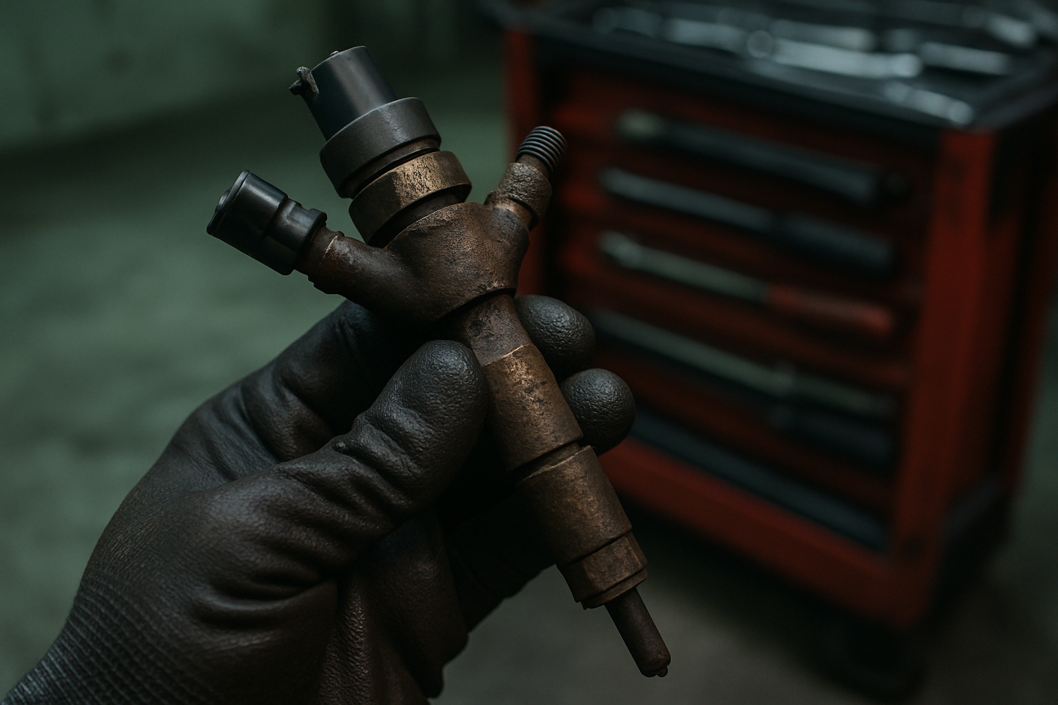 a dirty diesel injector from a Renault 1.5 dCi K9K engine held by a mechanic's gloved hand