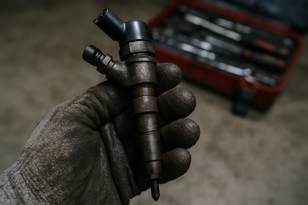 a dirty diesel injector from a Renault Clio 1.5 dCi K9K engine removed and held with mechanic gloves