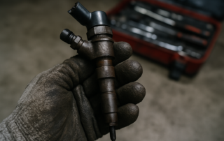 a dirty diesel injector from a Renault Clio 1.5 dCi K9K engine removed and held with mechanic gloves