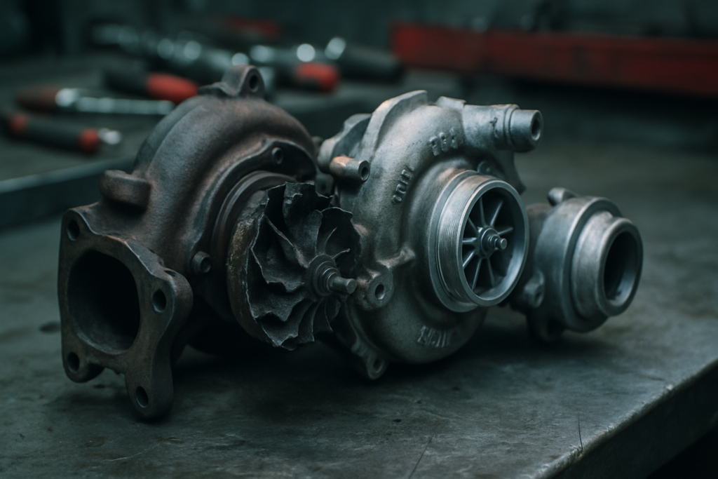 a damaged turbocharger from a BMW N47 diesel engine disassembled on a workbench