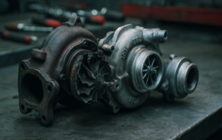 a damaged turbocharger from a BMW N47 diesel engine disassembled on a workbench