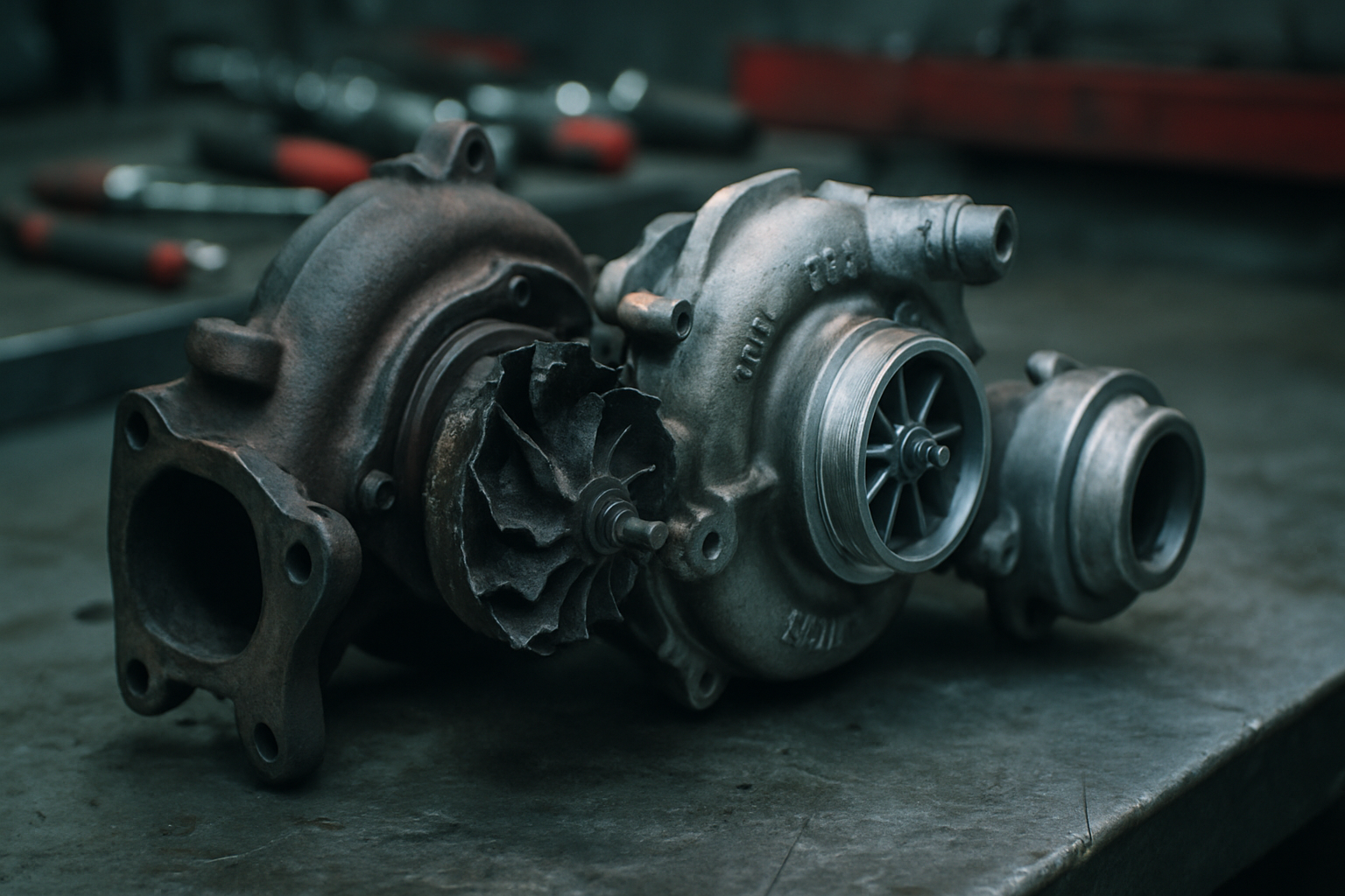 a damaged turbocharger from a BMW N47 diesel engine disassembled on a workbench