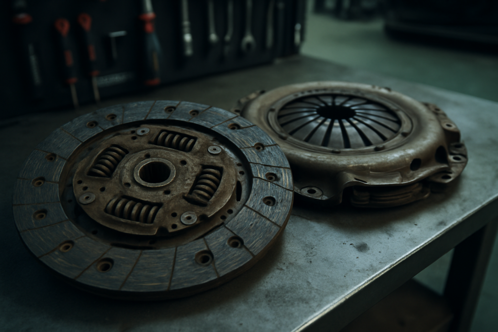 worn clutch disc and pressure plate from a Ford Focus 1.0 EcoBoost laid on a workbench