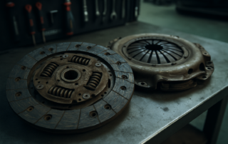worn clutch disc and pressure plate from a Ford Focus 1.0 EcoBoost laid on a workbench