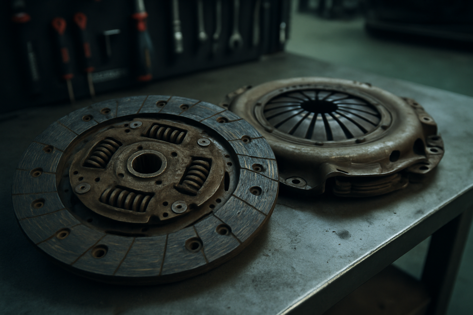 worn clutch disc and pressure plate from a Ford Focus 1.0 EcoBoost laid on a workbench