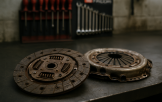 worn clutch disc and pressure plate kit from a Peugeot 3008 1.2 PureTech laid on a workbench