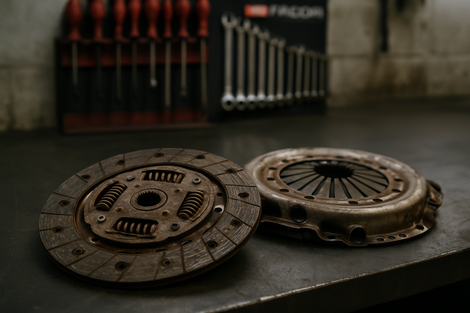 worn clutch disc and pressure plate kit from a Peugeot 3008 1.2 PureTech laid on a workbench