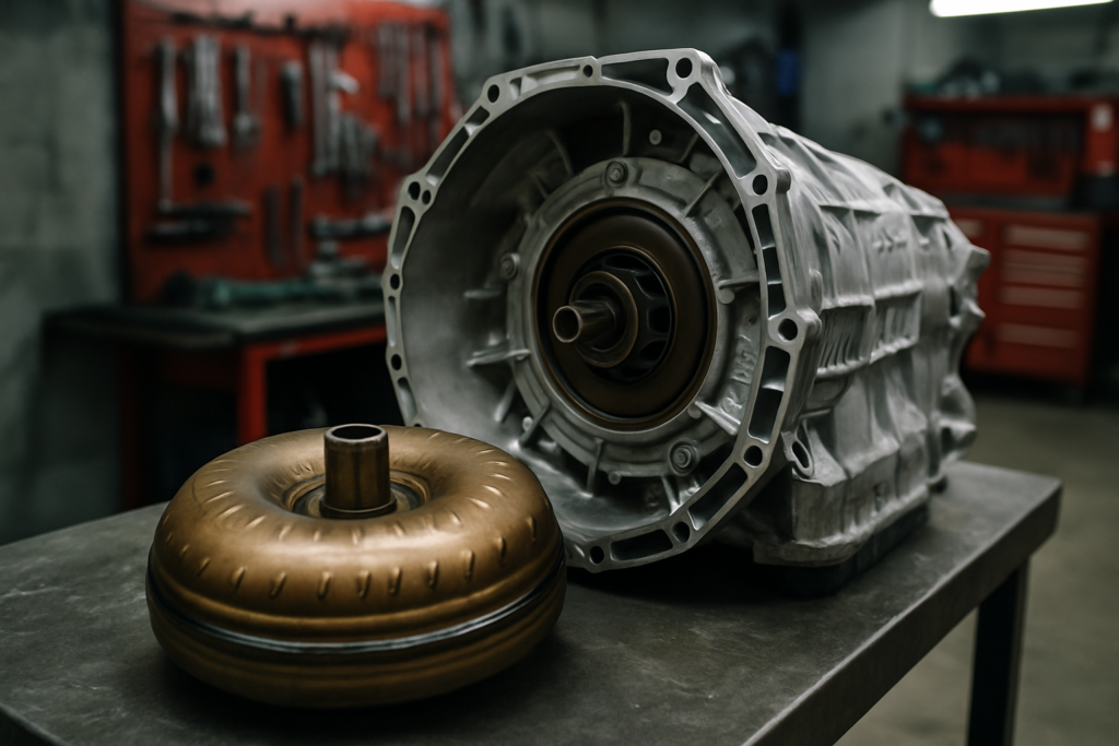 Mercedes 7G-DCT dual-clutch gearbox torque converter removed and placed on a workbench