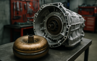 Mercedes 7G-DCT dual-clutch gearbox torque converter removed and placed on a workbench
