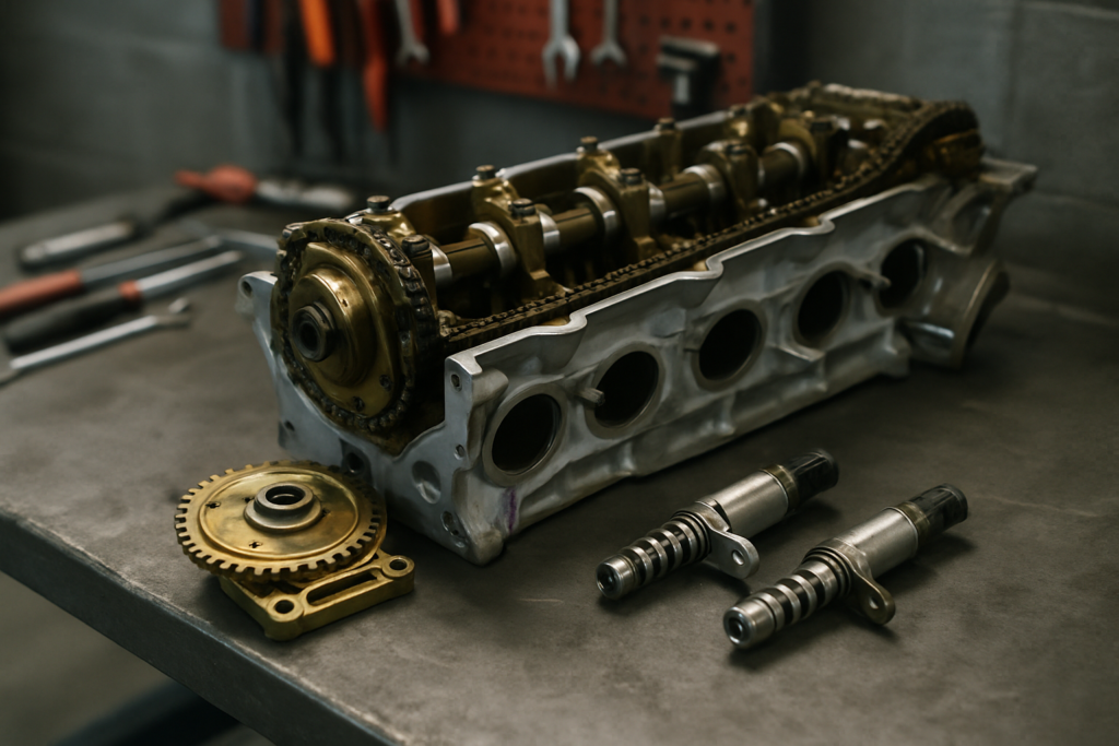 BMW N52 engine Vanos unit and solenoid valves removed and laid on a workbench