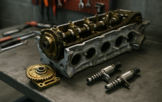 BMW N52 engine Vanos unit and solenoid valves removed and laid on a workbench