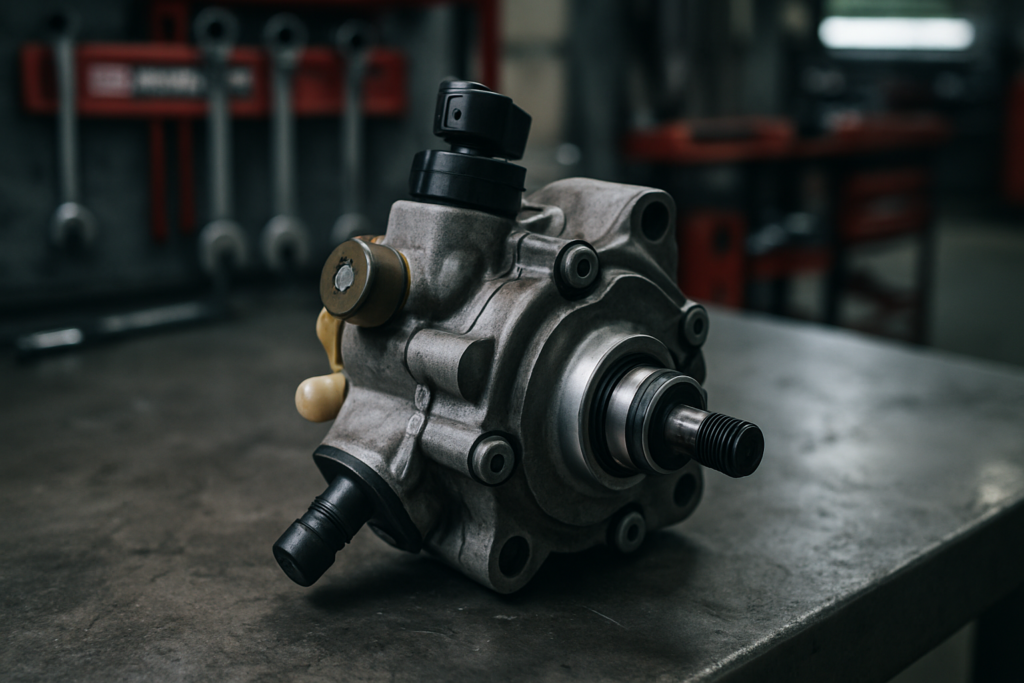 BMW N54 high pressure fuel pump HPFP removed and placed on a workbench