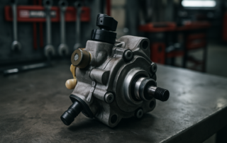 BMW N54 high pressure fuel pump HPFP removed and placed on a workbench
