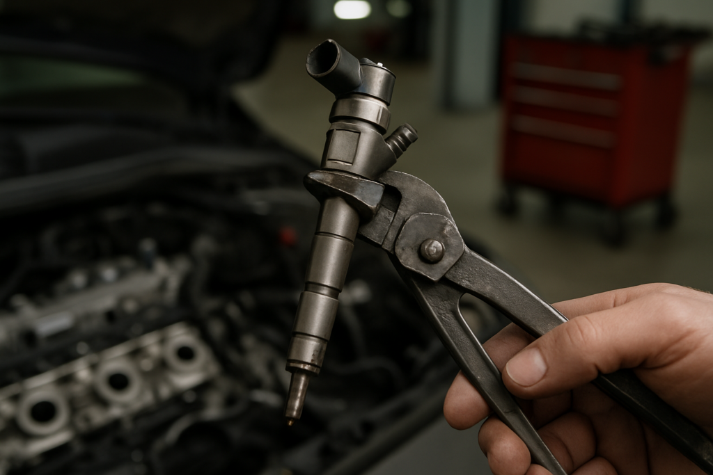 a Mercedes OM651 diesel injector removed and held with pliers above the engine bay