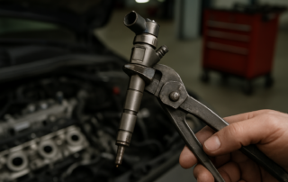 a Mercedes OM651 diesel injector removed and held with pliers above the engine bay