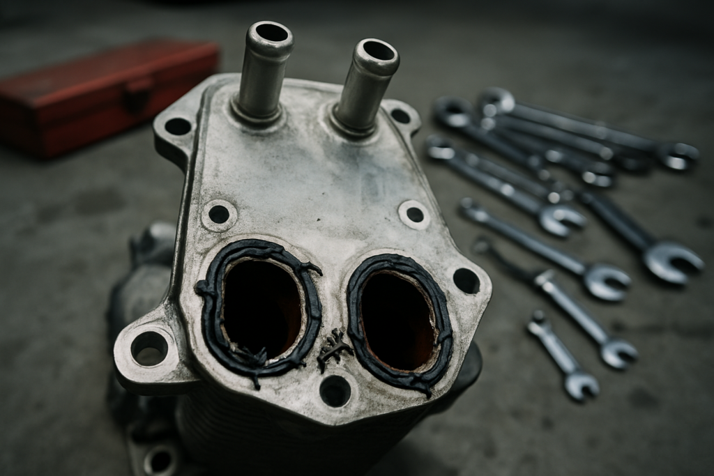Mercedes OM642 V6 diesel oil cooler removed showing degraded silicone gaskets