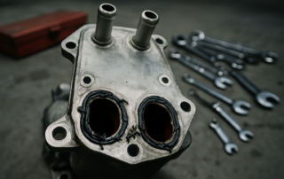 Mercedes OM642 V6 diesel oil cooler removed showing degraded silicone gaskets