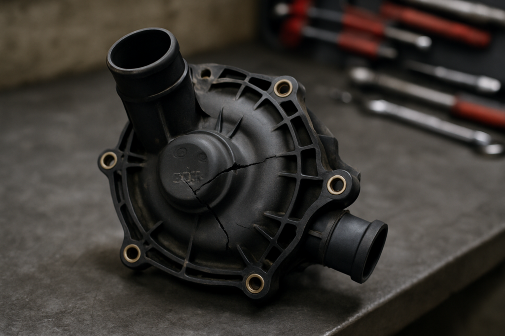 cracked plastic water pump housing from an Audi EA888 engine removed and placed on a workbench