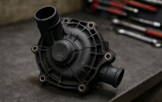 cracked plastic water pump housing from an Audi EA888 engine removed and placed on a workbench