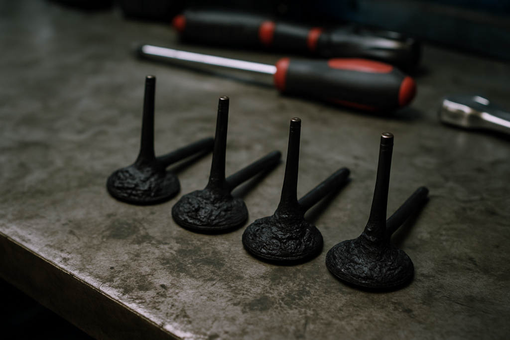 heavily carbon-fouled intake valves from an Audi RS4 4.2 FSI V8 engine laid out on a workbench