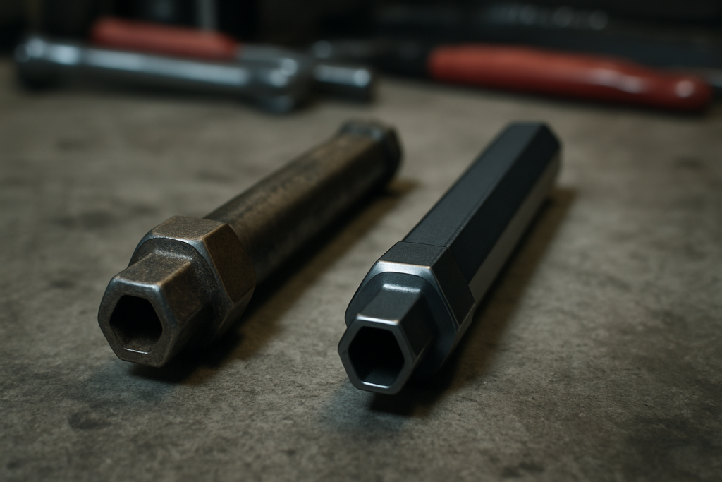 worn hexagonal oil pump drive shaft from a Volkswagen 2.0 TDI BKD engine next to a new reinforced replacement part