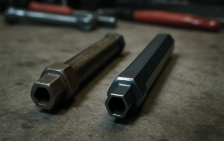 worn hexagonal oil pump drive shaft from a Volkswagen 2.0 TDI BKD engine next to a new reinforced replacement part