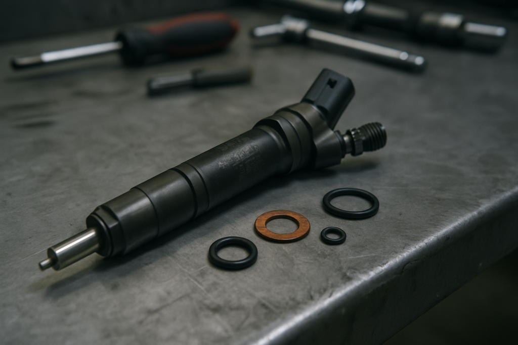 a Bosch piezoelectric diesel injector removed from a Volkswagen 1.6 TDI CAYB engine