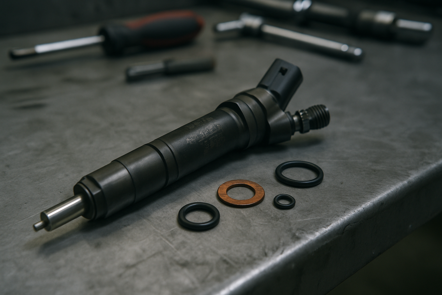 a Bosch piezoelectric diesel injector removed from a Volkswagen 1.6 TDI CAYB engine