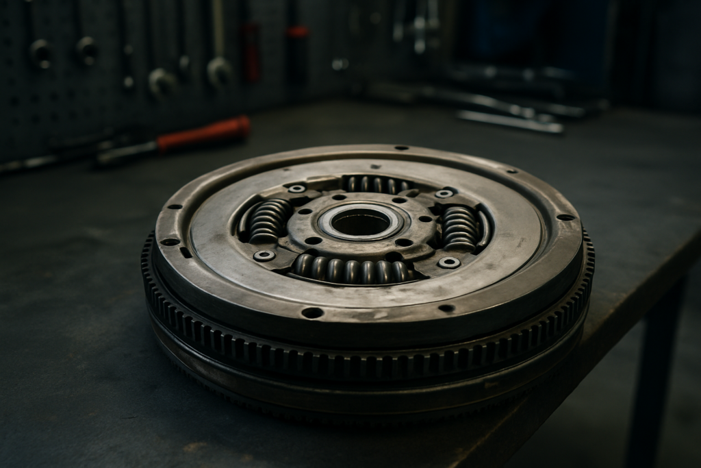dual-mass flywheel from a Volkswagen Touran 1.9 TDI engine removed and placed on a workbench