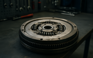 dual-mass flywheel from a Volkswagen Touran 1.9 TDI engine removed and placed on a workbench