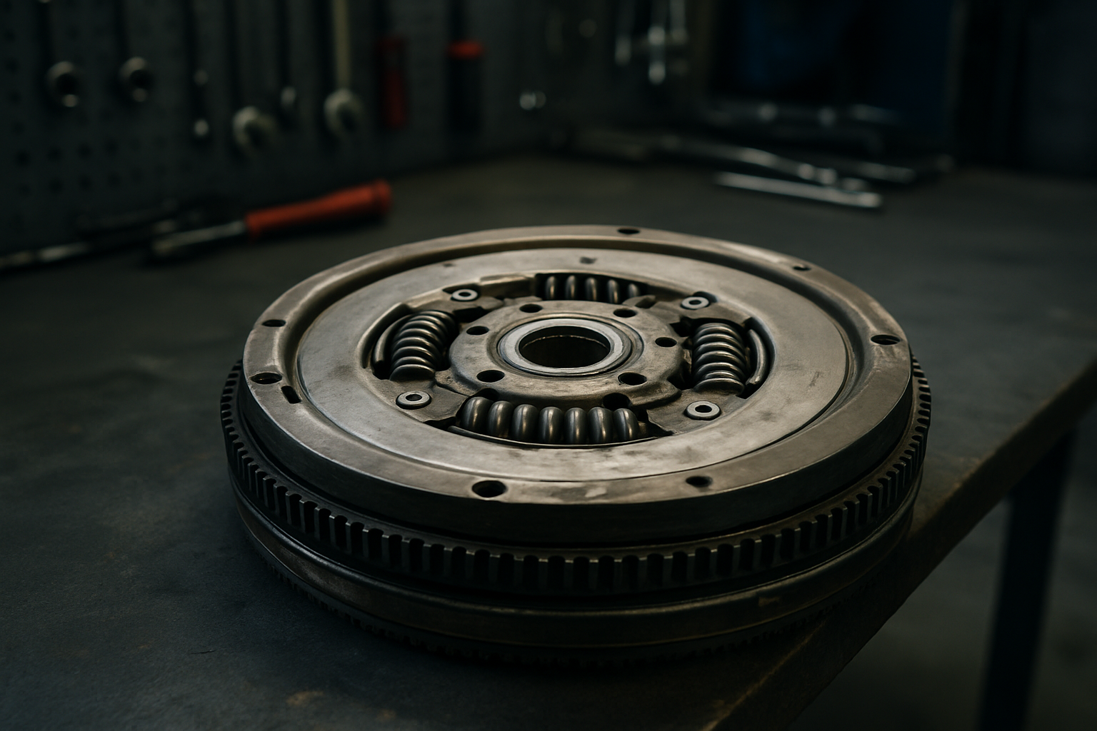 dual-mass flywheel from a Volkswagen Touran 1.9 TDI engine removed and placed on a workbench