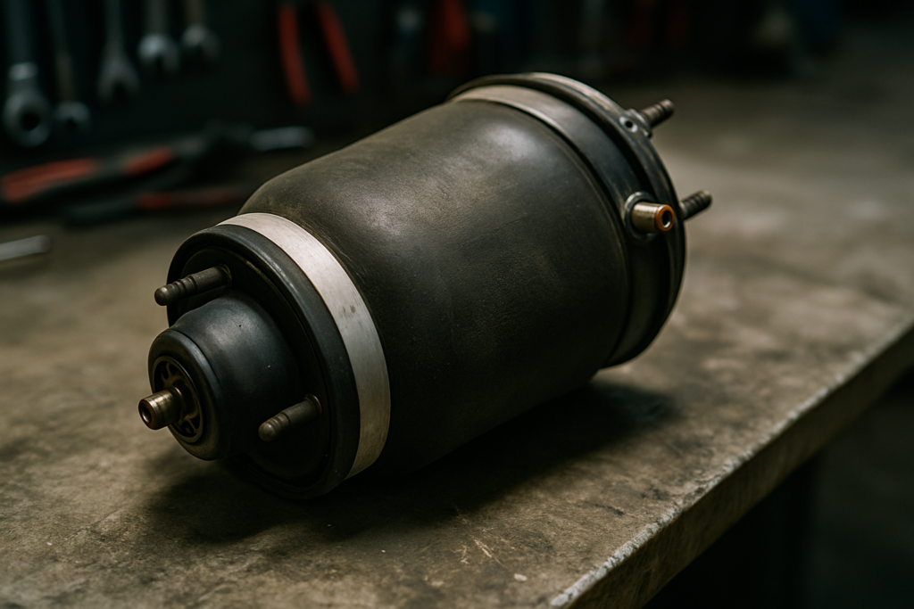 air suspension airbag bladder from a Range Rover Sport L320 laid on a workbench