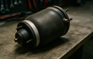 air suspension airbag bladder from a Range Rover Sport L320 laid on a workbench