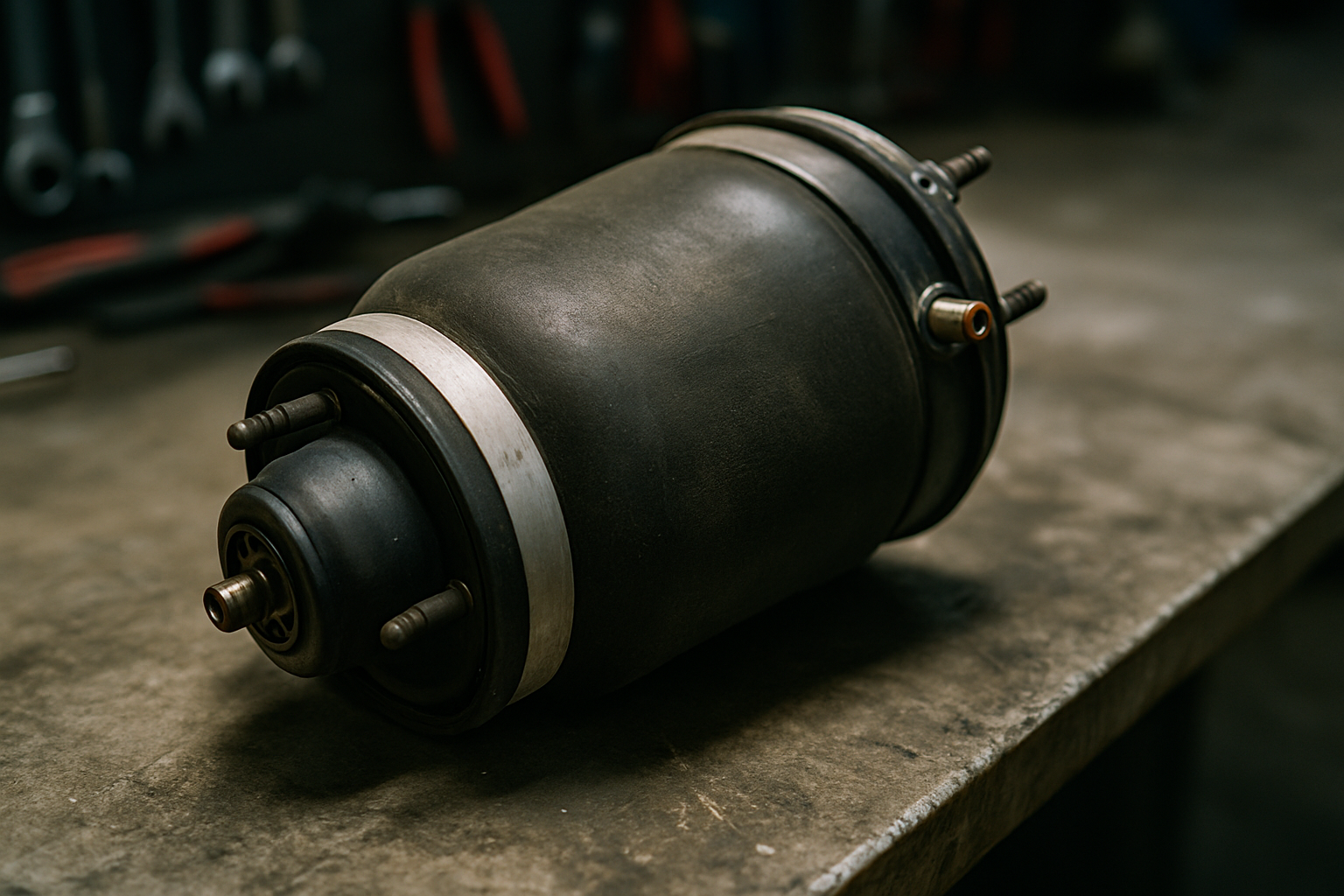 air suspension airbag bladder from a Range Rover Sport L320 laid on a workbench