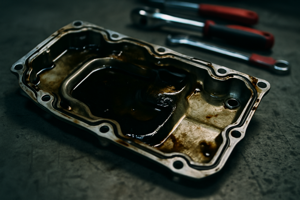 oil-stained aluminium engine oil sump gasket from a Land Rover Ingenium 2.0D engine