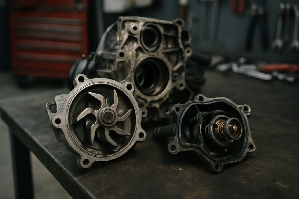 BMW M57 TD6 engine water pump and thermostat removed on a workbench