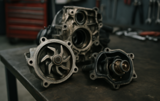 BMW M57 TD6 engine water pump and thermostat removed on a workbench