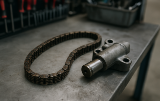 worn timing chain and hydraulic tensioner from a Jaguar XF 2.7D V6 diesel engine laid on a workbench