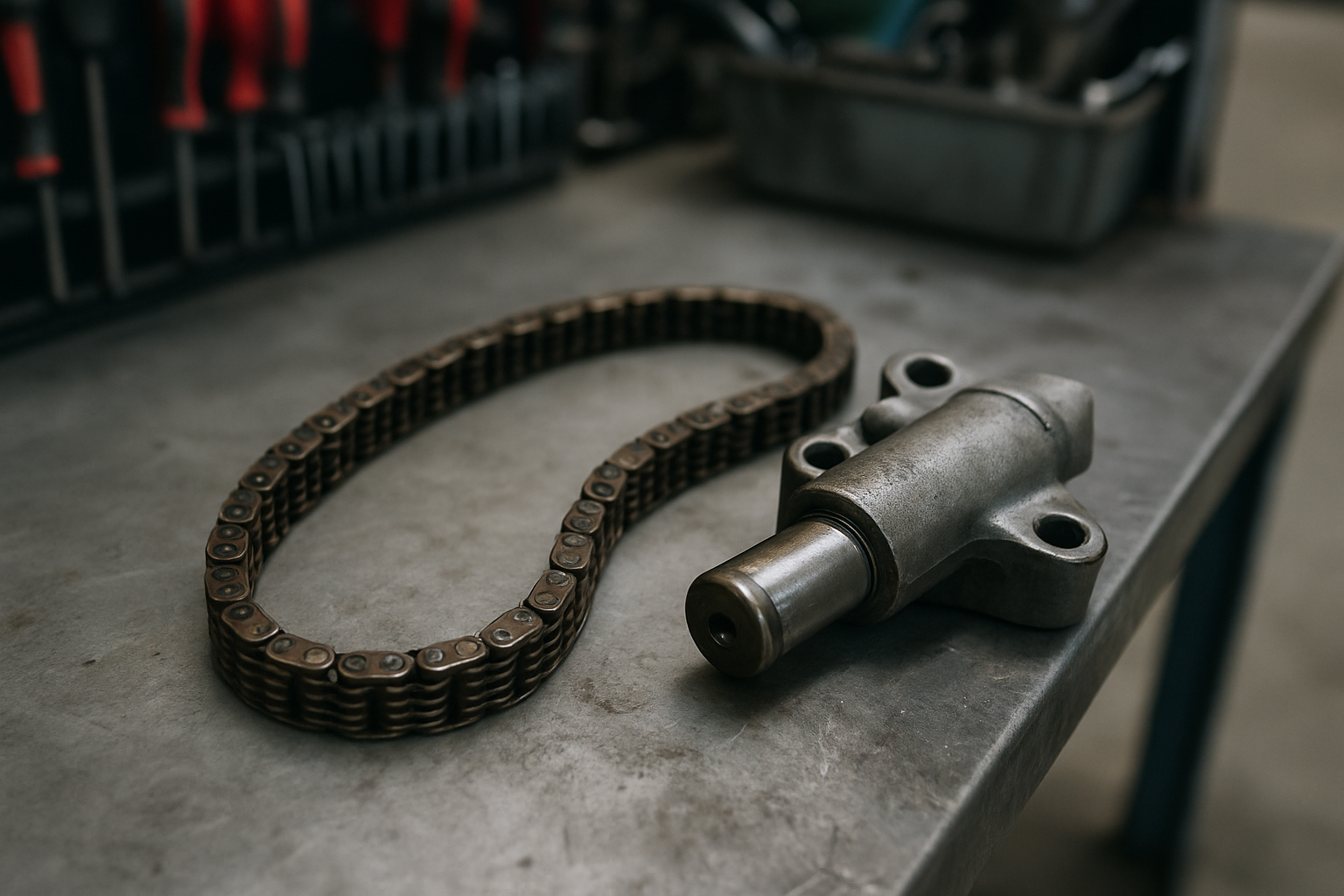 worn timing chain and hydraulic tensioner from a Jaguar XF 2.7D V6 diesel engine laid on a workbench
